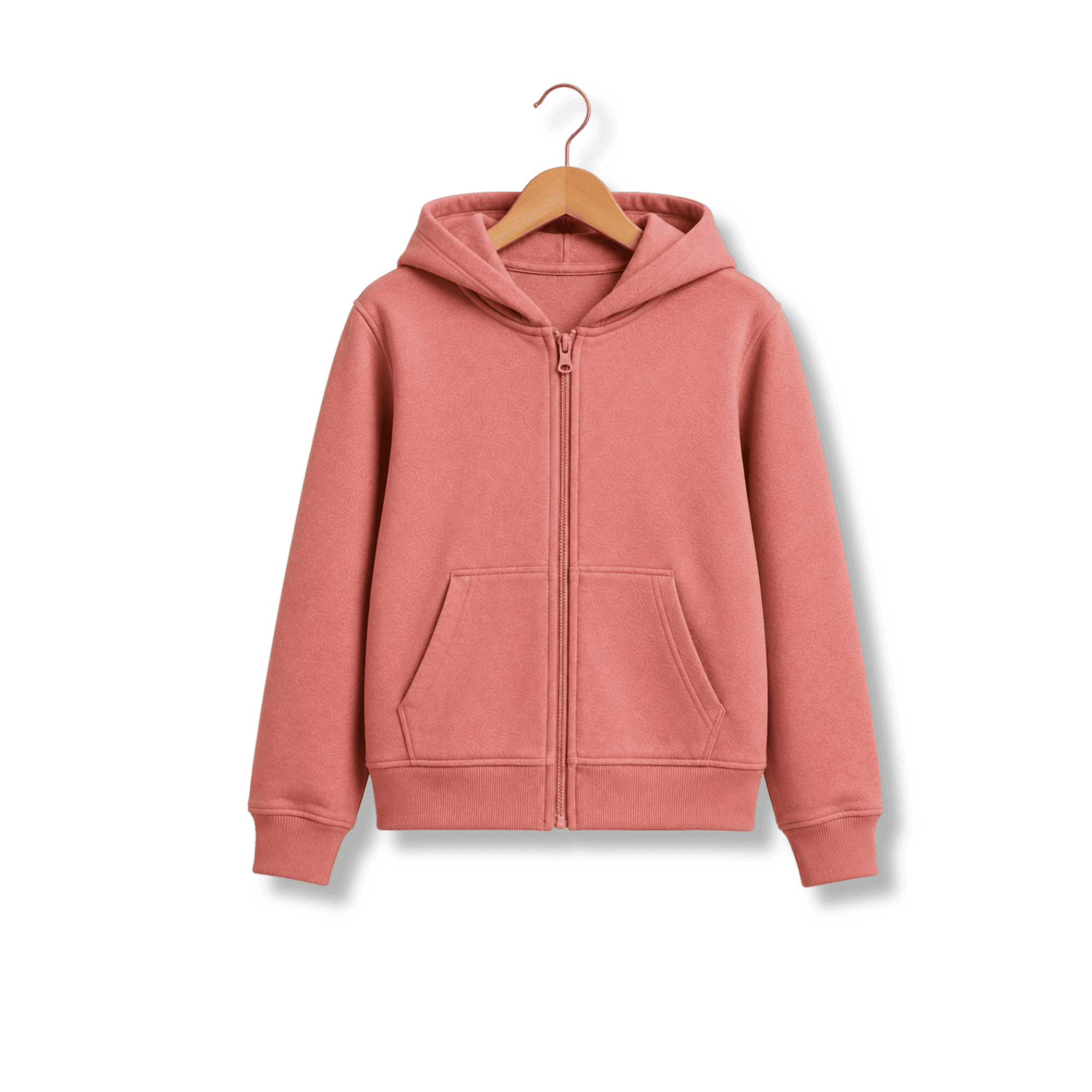 Jaqueta de moletom infantil rosa com capuz e zíper em fundo circular