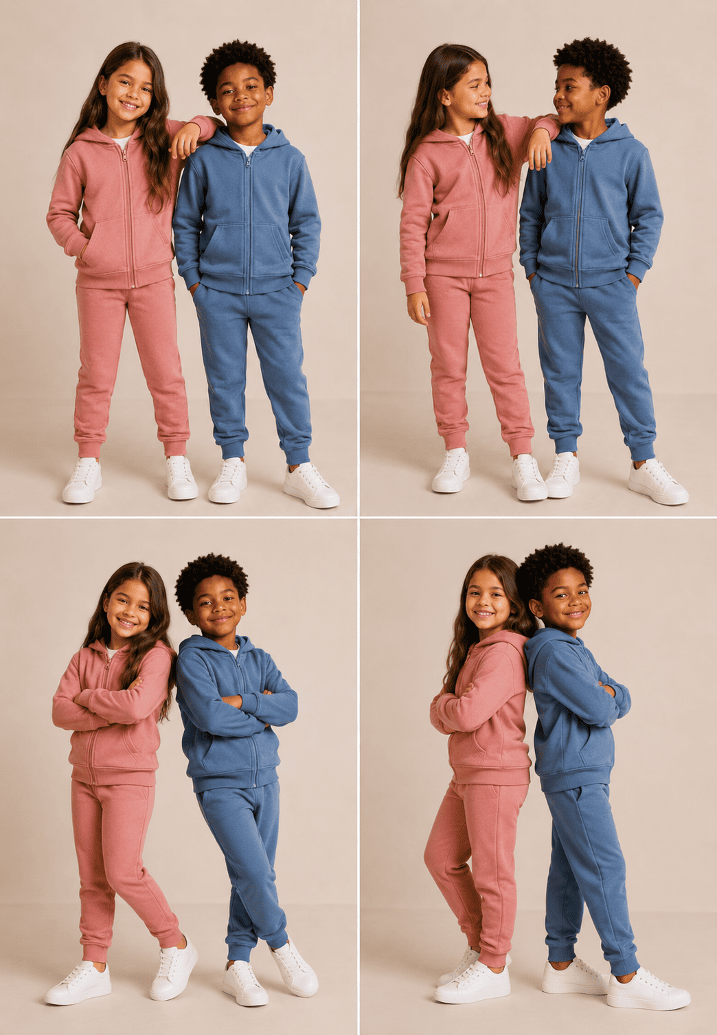 Grid com quatro poses de crianças usando o conjunto de moletom infantil rosa e azul